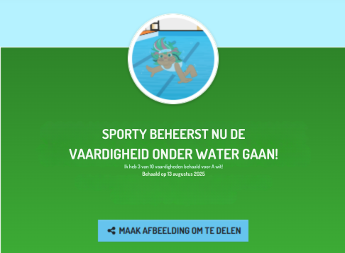 SPORTY BEHEERST NU DE VAARDIGHEID ONDER WATER GAAN! Ik heb 3 van 10 vaardigheden behaald voor A wit! Behaald op 13 augustus 2025